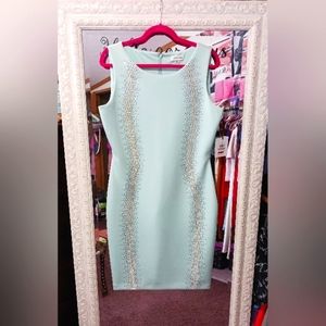 New Calvin Klein Embellished Jewel blue sheath scuba bodycon dress size 12 Large